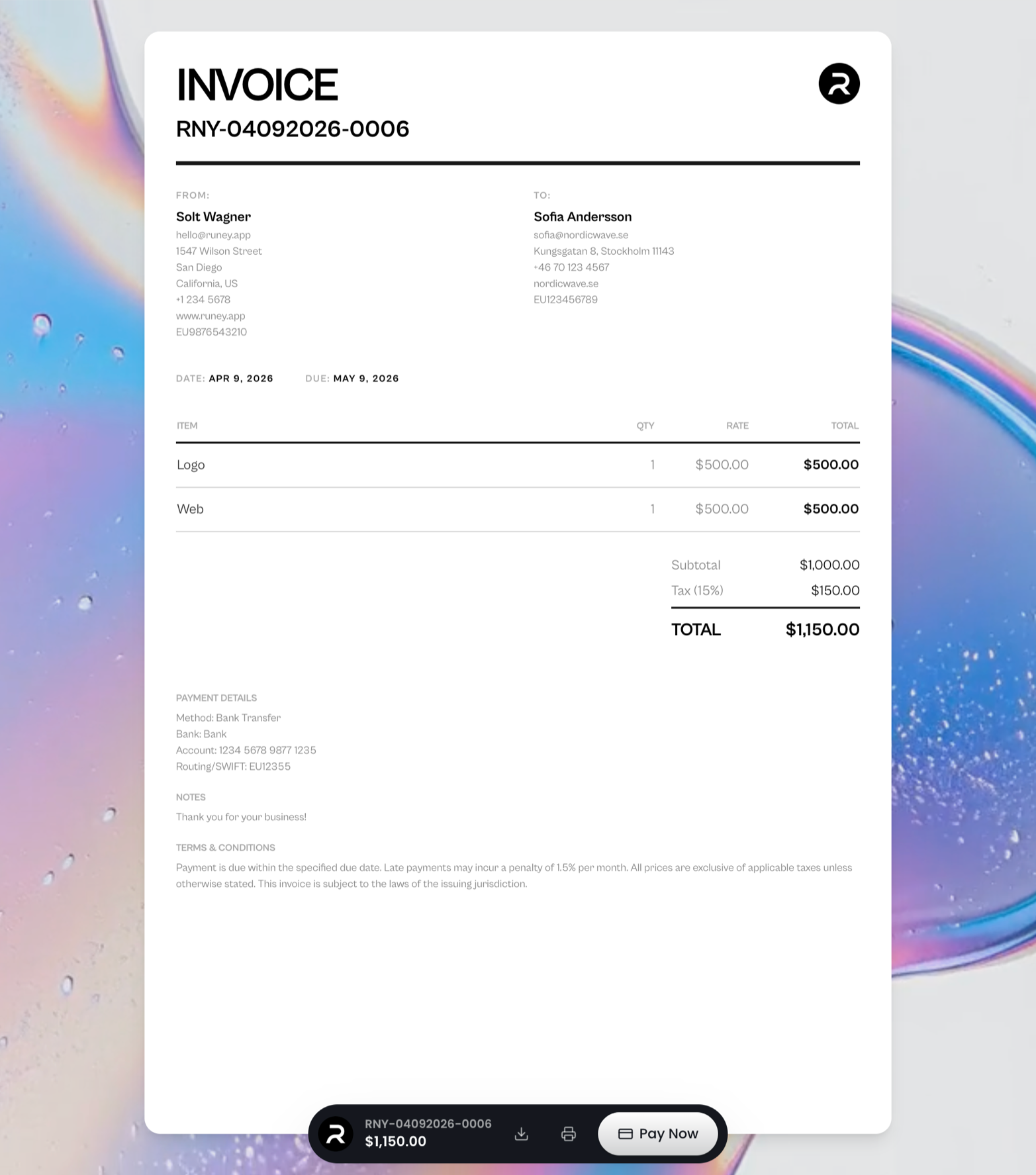 Custom Code Invoice Invoicing Software — Beautiful Invoices, Stripe Payments & QR Codes | Runey